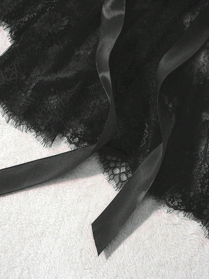 روب نسائي دانتيل  – شفاف جزئياً بأكمام طويلة ورباط _ shein