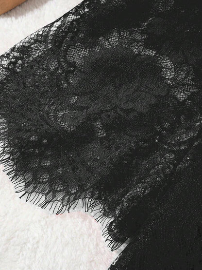 روب نسائي دانتيل  – شفاف جزئياً بأكمام طويلة ورباط _ shein