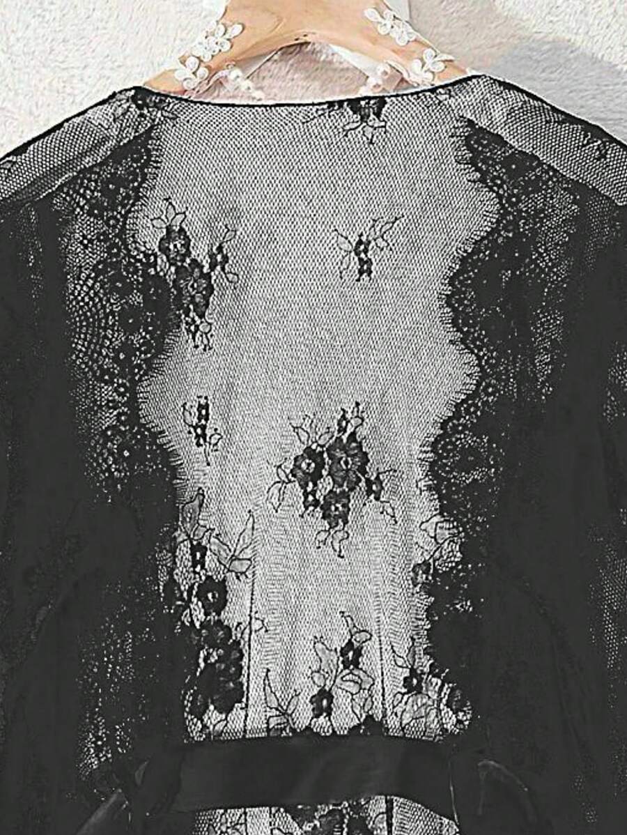 روب نسائي دانتيل  – شفاف جزئياً بأكمام طويلة ورباط _ shein