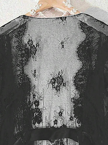 روب نسائي دانتيل  – شفاف جزئياً بأكمام طويلة ورباط _ shein