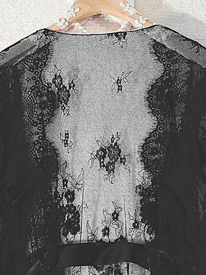 روب نسائي دانتيل  – شفاف جزئياً بأكمام طويلة ورباط _ shein