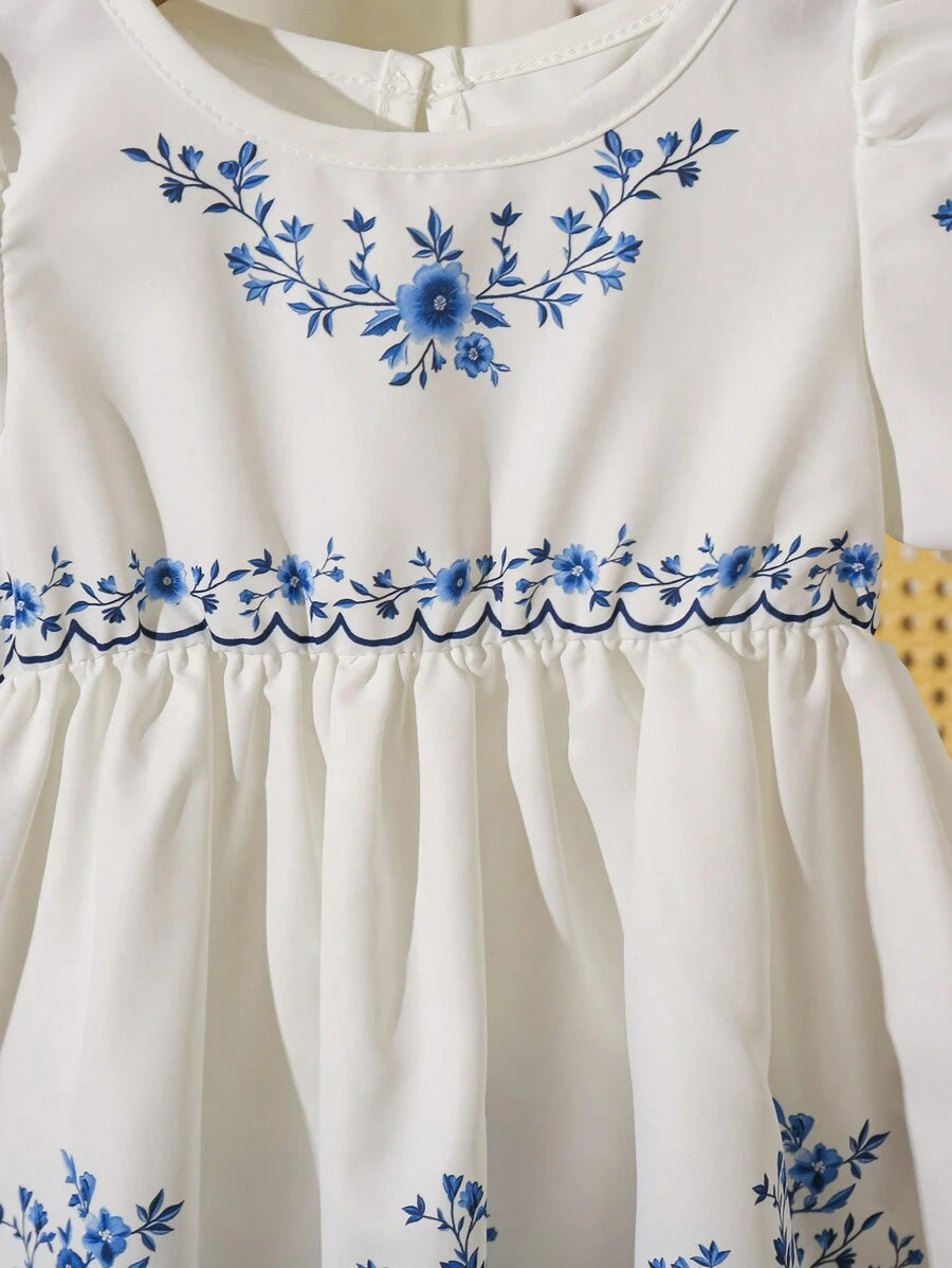 فستان بناتي من شي ان – أزرق وأبيض، أكمام منتفخة