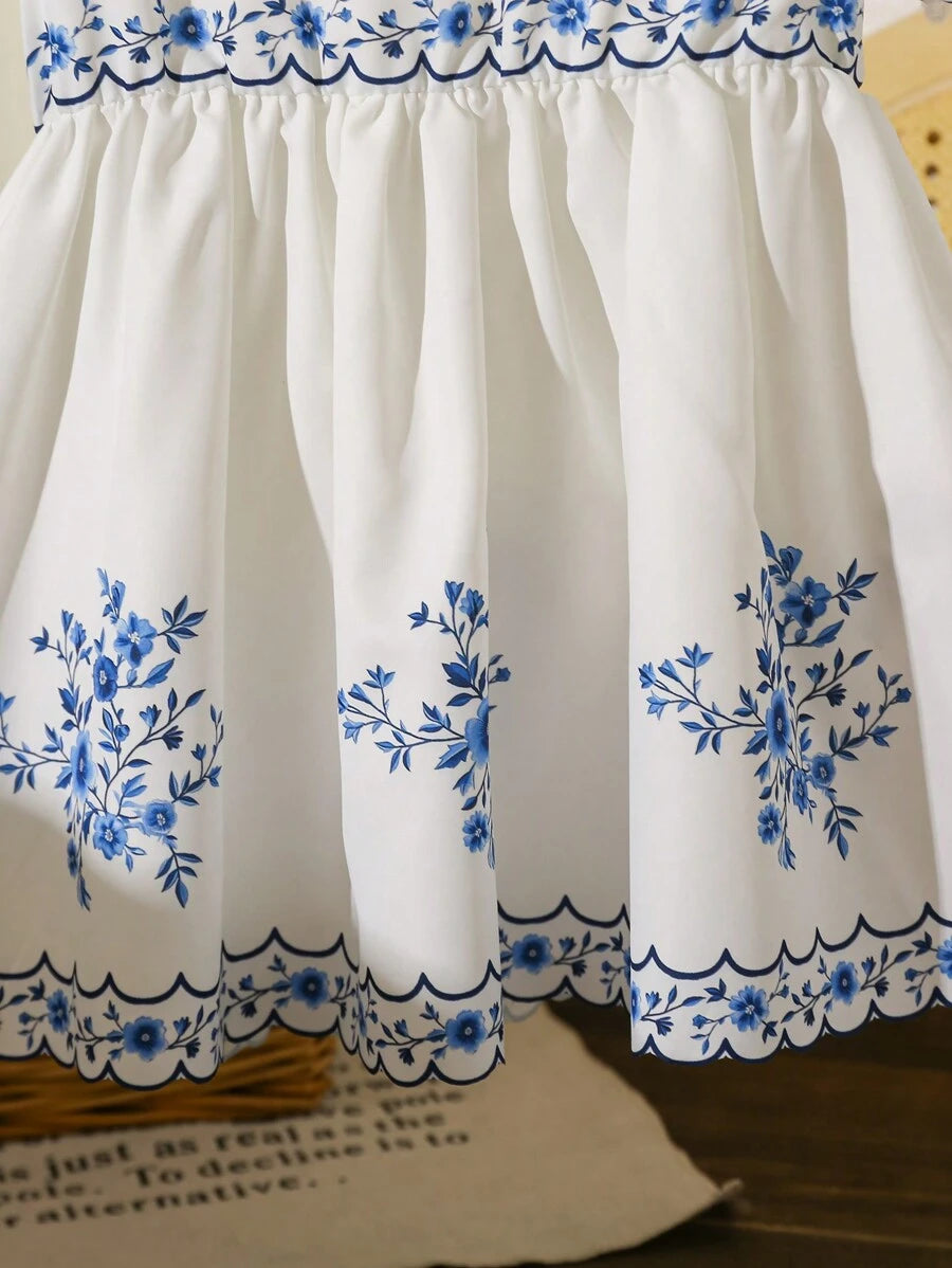 فستان بناتي من شي ان – أزرق وأبيض، أكمام منتفخة