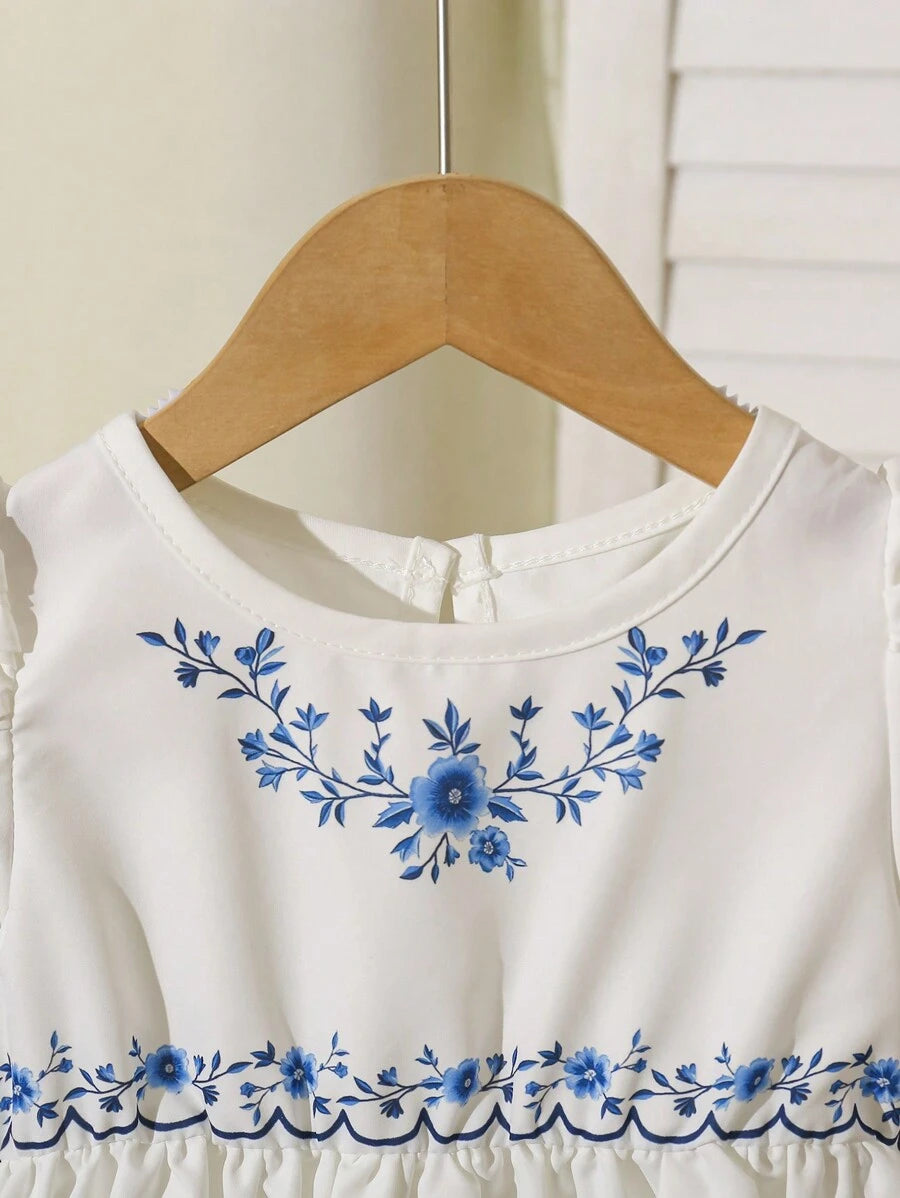 فستان بناتي من شي ان – أزرق وأبيض، أكمام منتفخة