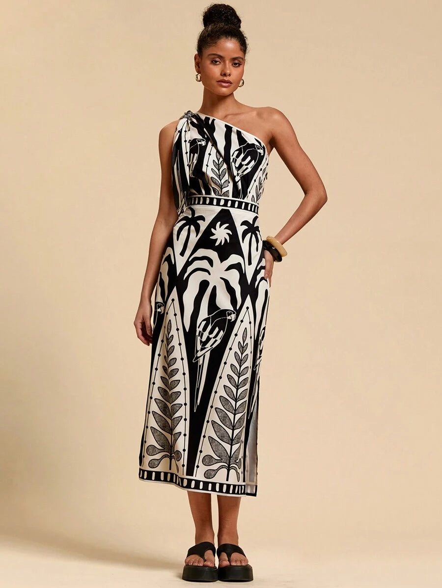 فستان Travachic نسائي طويل – كتف واحد، حزام رباط، بطبعة استوائية، تصميم فضفاض