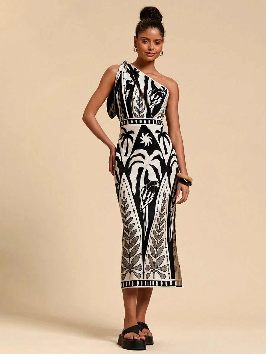 فستان Travachic نسائي طويل – كتف واحد، حزام رباط، بطبعة استوائية، تصميم فضفاض