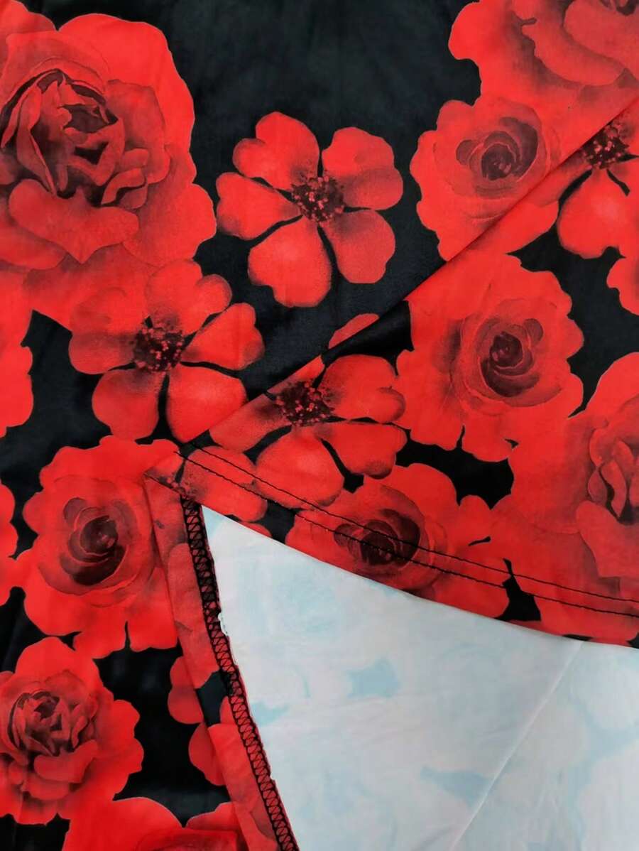 فستان إيمري روز النسائي ذو المقاس الكبير، مطبوع عليه زهور وردية، بأكمام قصيرة Shein