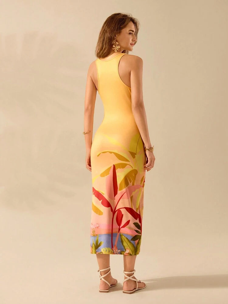 فستان نسائي من TrendsqualityCAJUNI بدون أكمام بظهر متقاطع مطبوع عليه نباتات استوائية