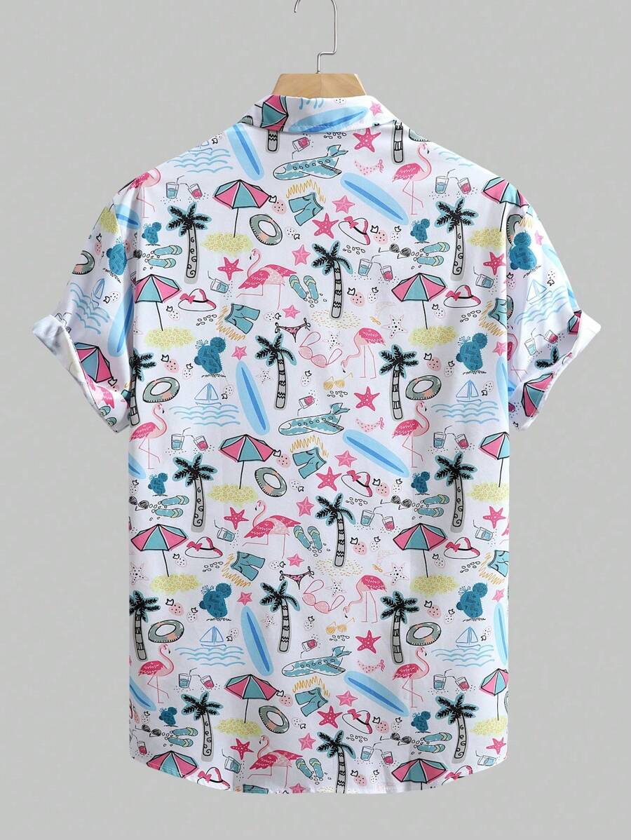 قميص رجالي صيفي بأكمام قصيرة مطبوع بنقشة النباتات الاستوائية