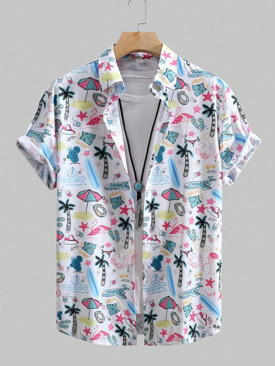 قميص رجالي صيفي بأكمام قصيرة مطبوع بنقشة النباتات الاستوائية