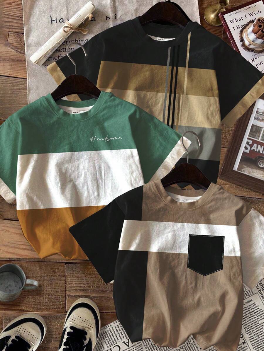 مجموعة من 3 قطع من تي شيرتات شي إن للأولاد الصغار بأكمام قصيرة وطبعة هندسية كلاسيكية