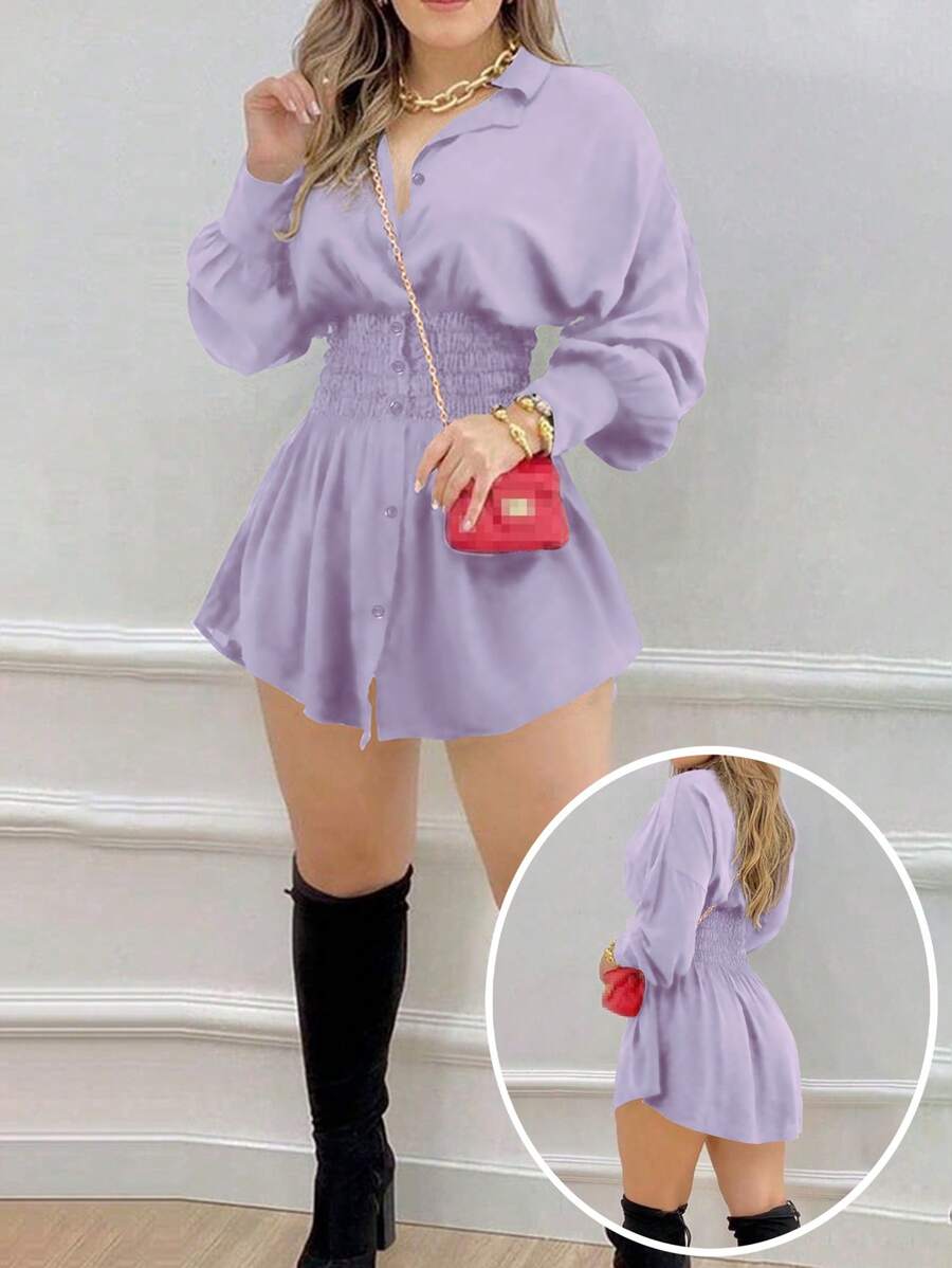 فستان قميص نسائي أنيق بلون سادة مع خصر مشدود وأكمام طويلة Shein