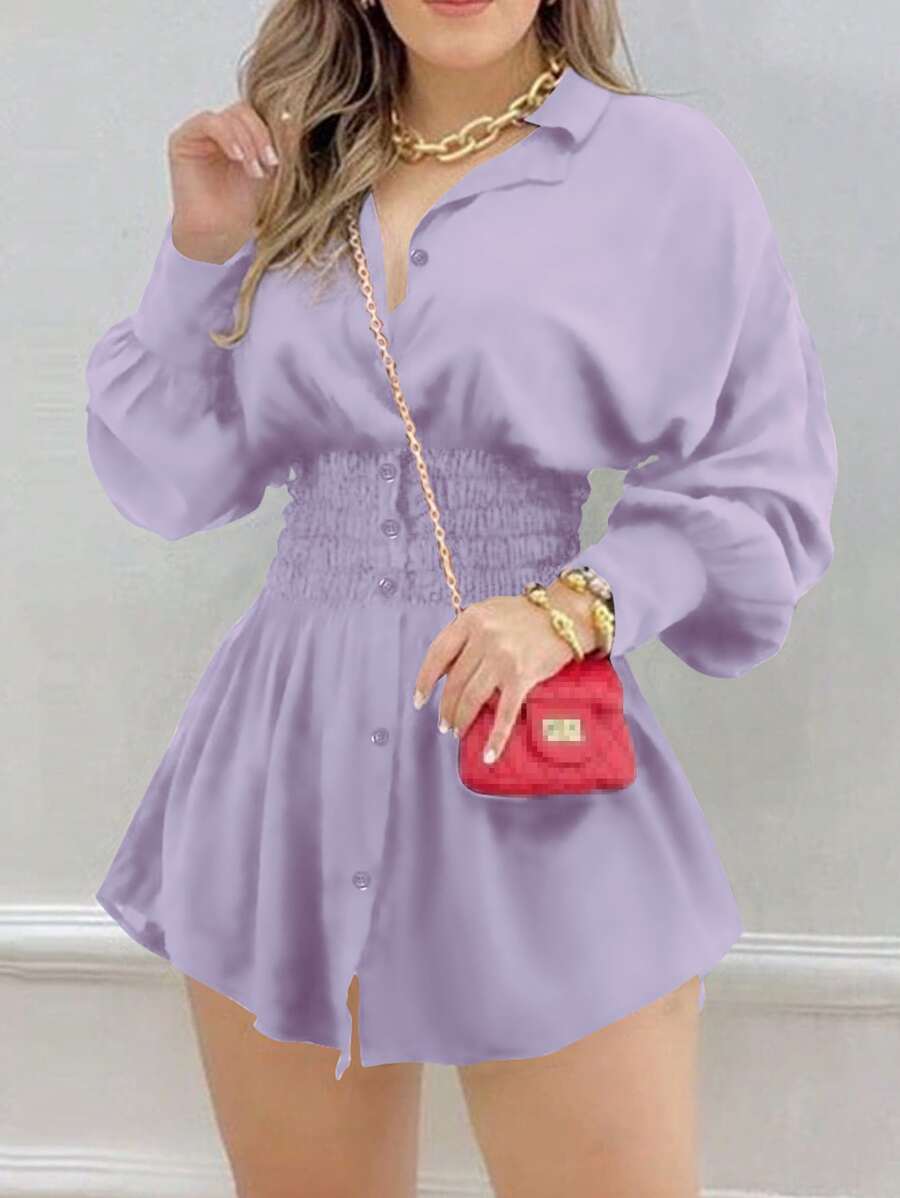 فستان قميص نسائي أنيق بلون سادة مع خصر مشدود وأكمام طويلة Shein