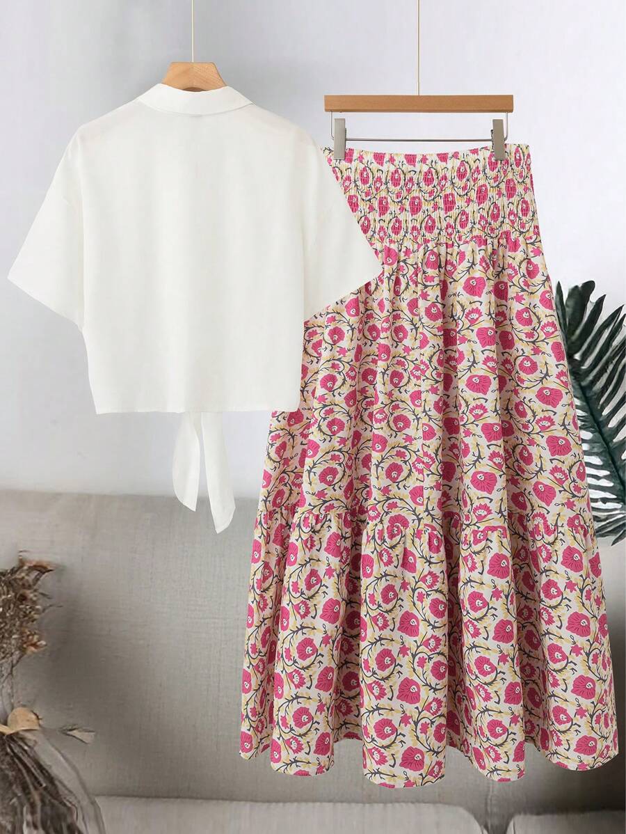 طقم من قطعتين من بلوزة بأكمام قصيرة وربطة أمامية من Breezaya