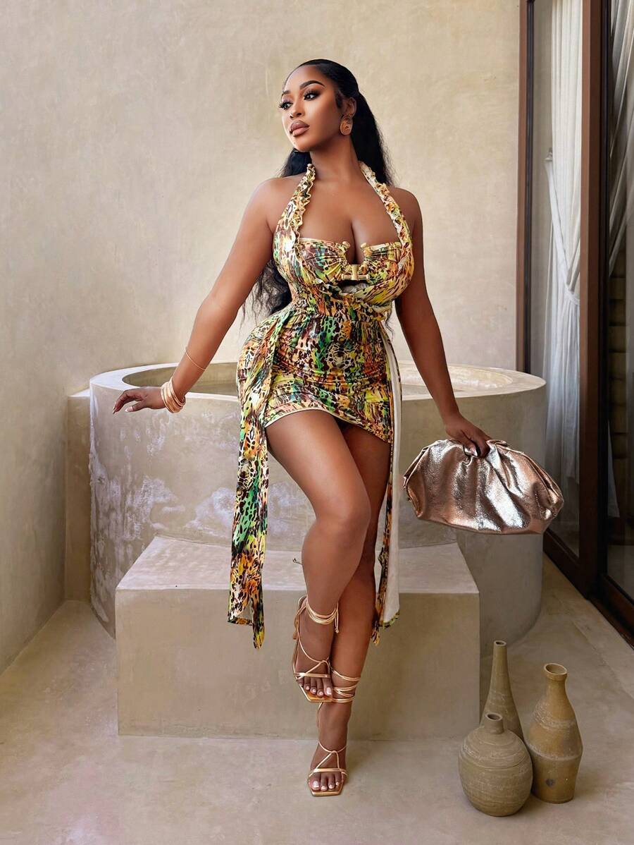 فستان BamGleam نسائي قصير بطبعة عطلة خضراء وحمالات حول الرقبة