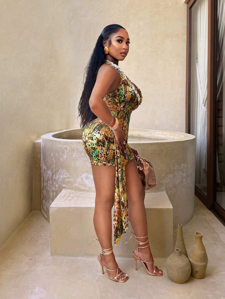 فستان BamGleam نسائي قصير بطبعة عطلة خضراء وحمالات حول الرقبة