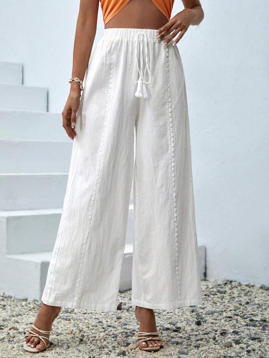 بنطلون نسائي طويل فضفاض بطبعات زهور صيفية من SHEIN VCAY بساق واسعة