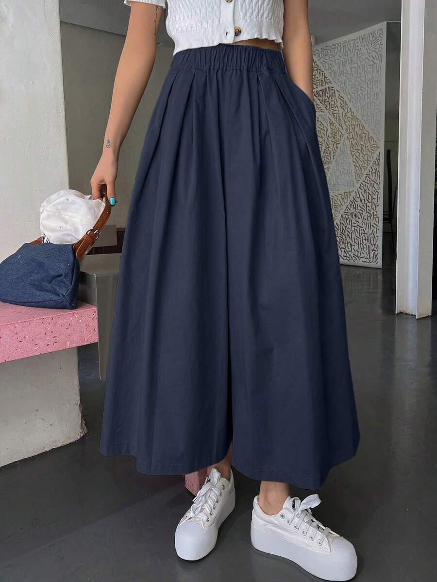 بنطلون نسائي فضفاض واسع الساق من DAZY بلون سادة بخصر مطاطي وجيب للخريف