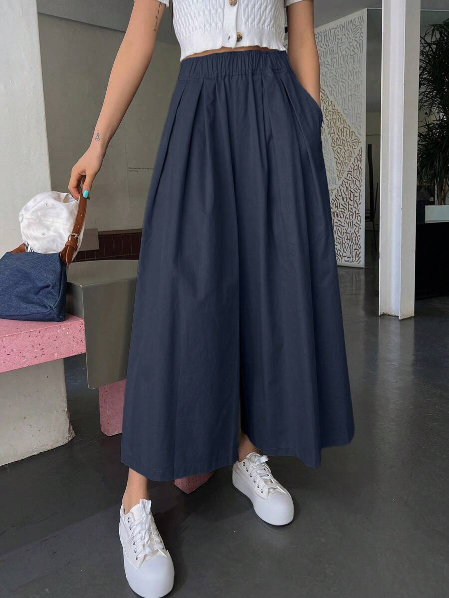 بنطلون نسائي فضفاض واسع الساق من DAZY بلون سادة بخصر مطاطي وجيب للخريف