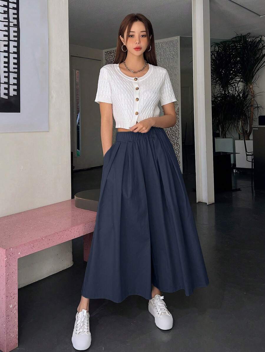 بنطلون نسائي فضفاض واسع الساق من DAZY بلون سادة بخصر مطاطي وجيب للخريف