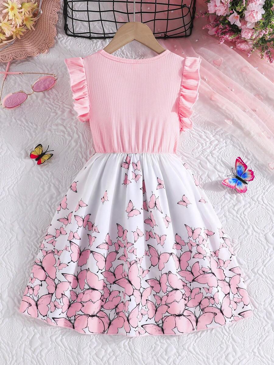 فستان صيفي أنيق بطبعة زهور بأكمام قصيرة ومضلعة للفتيات المراهقات