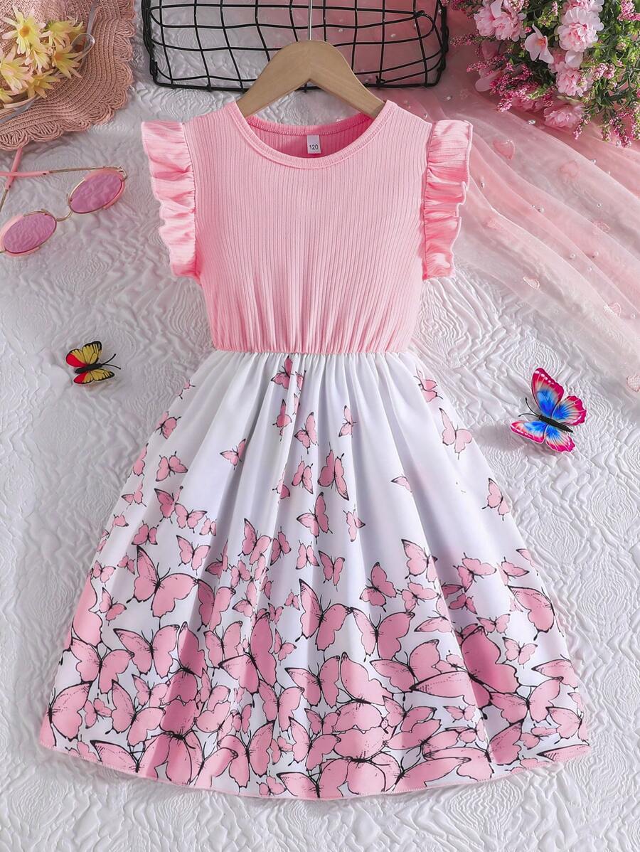 فستان صيفي أنيق بطبعة زهور بأكمام قصيرة ومضلعة للفتيات المراهقات