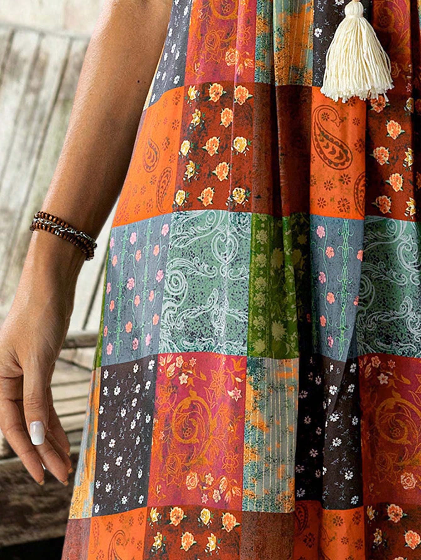 فستان منسوج بدون أكمام بنقشة هندسية بنقشة بيزلي من Faunlyn للنساء، مناسب للعطلات