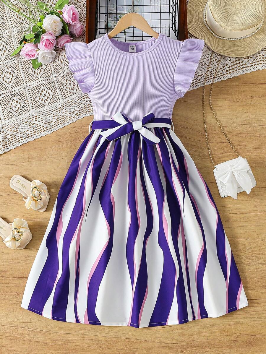 فستان SHEIN للفتيات المراهقات ذو رقبة دائرية وأكمام قصيرة ومخطط ومكشكش