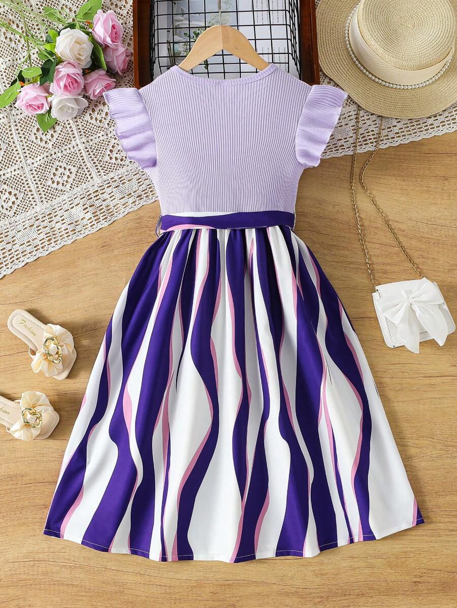 فستان SHEIN للفتيات المراهقات ذو رقبة دائرية وأكمام قصيرة ومخطط ومكشكش