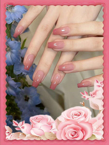24pcs Medium Size Coffin Shaped False Nails With Peach Ombre Gradient Design, Includes 1pc Jelly Gel And 1pc Nail File