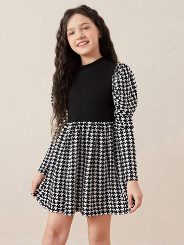 SHEIN Tween Girl Houndstooth Mock Neck Gigot Sleeve Dress