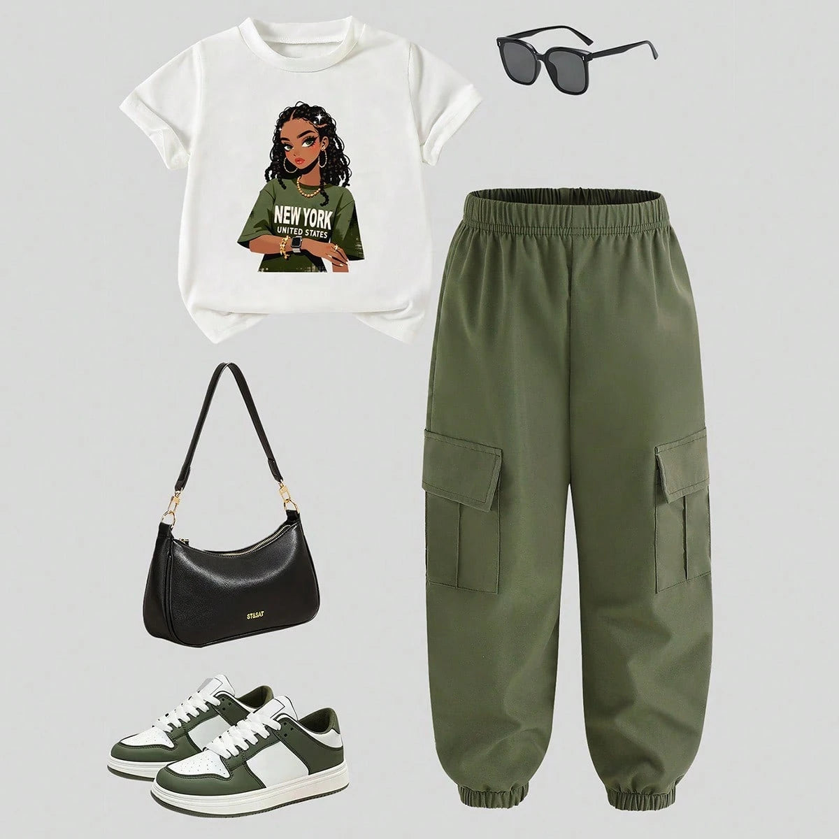 طقم بناتي 2 قطعة من شي إن – تيشيرت كاجوال بطبعة جرافيك مع بنطال