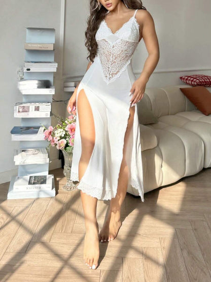 فستان نوم نسائي مثير بطول كامل مع فتحة جانبية ودانتيل _shein