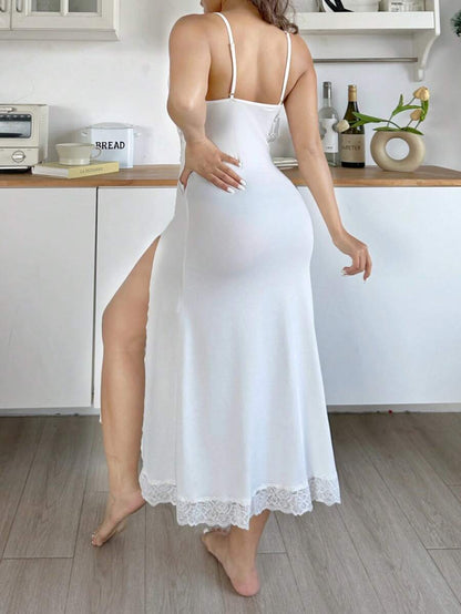 فستان نوم نسائي مثير بطول كامل مع فتحة جانبية ودانتيل _shein