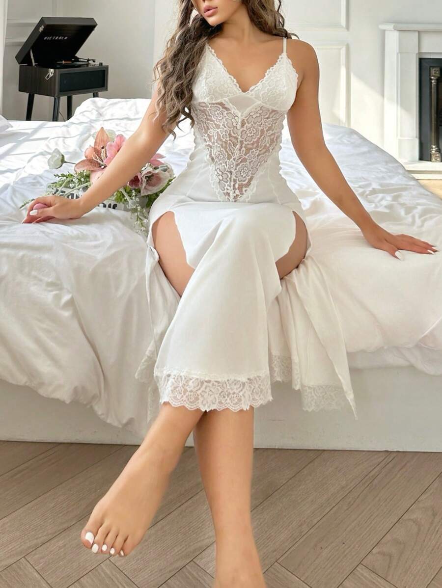 فستان نوم نسائي مثير بطول كامل مع فتحة جانبية ودانتيل _shein