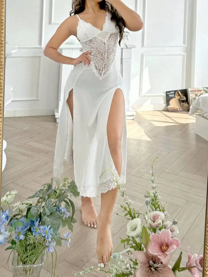 فستان نوم نسائي مثير بطول كامل مع فتحة جانبية ودانتيل _shein