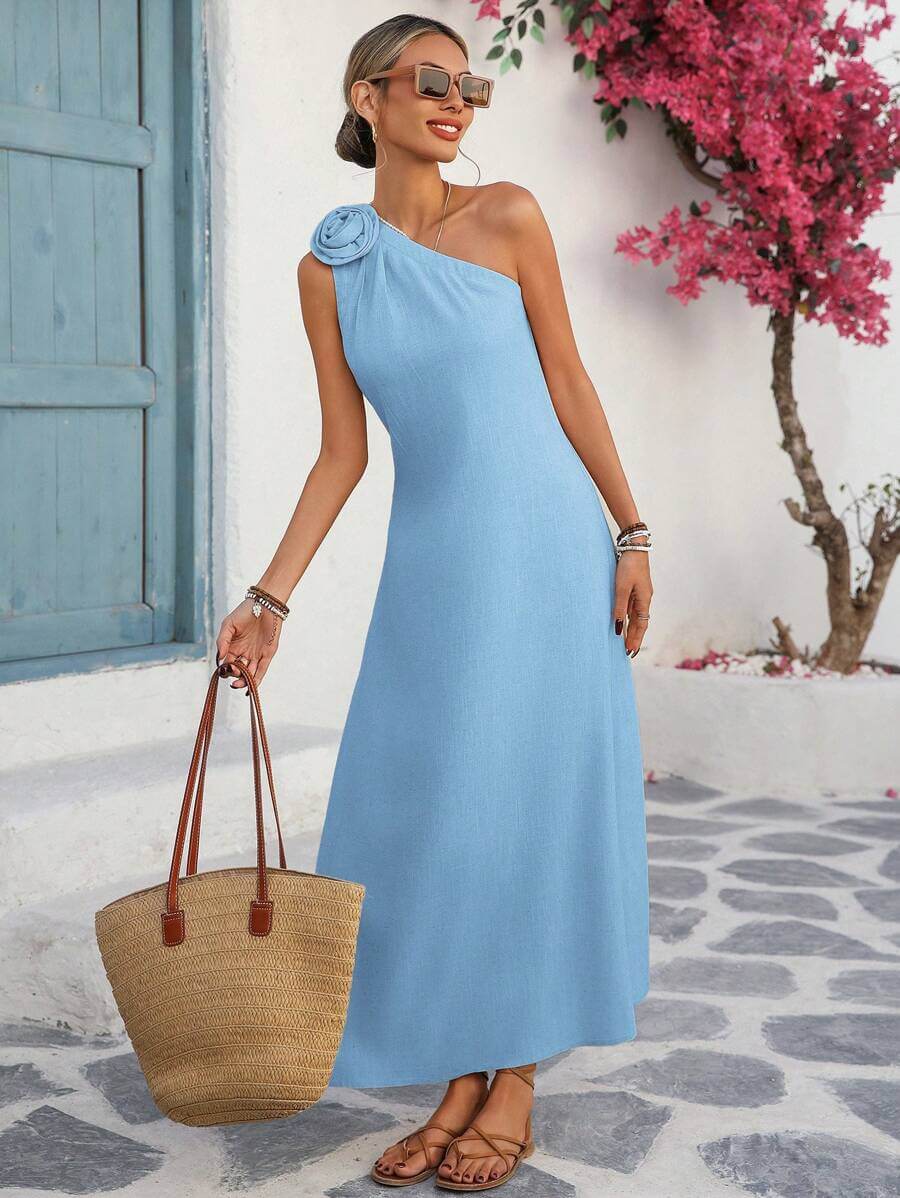 فستان Breezaya النسائي الكاجوال الفضفاض من الكتان بلون سادة مناسب ، بدون أكمام، مع فتحة حاشية مزخرفة بالزهور ثلاثية الأبعاد