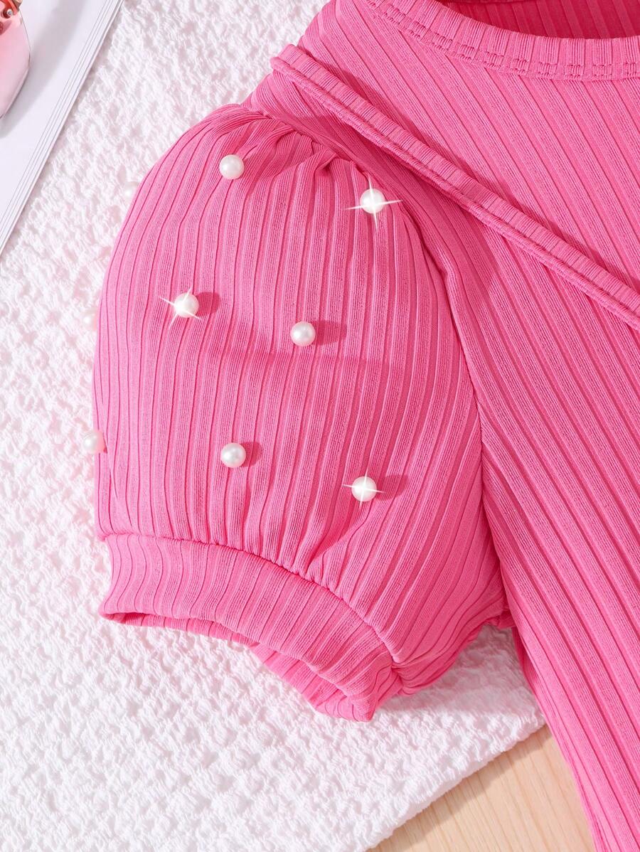 فستان بناتي مراهقات من شي إن – تصميم سادة بقماش مضلّع وأكمام منتفخة مزينة باللؤلؤ