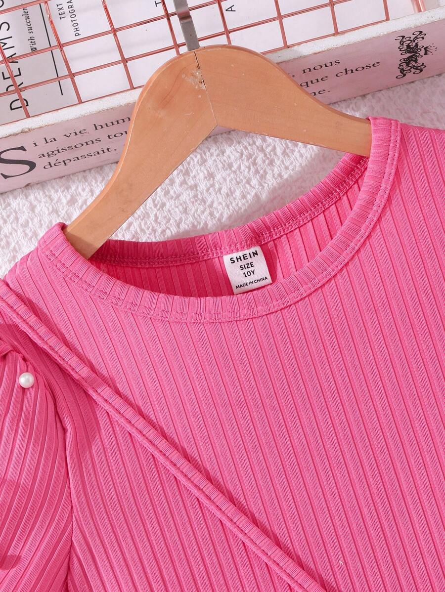 فستان بناتي مراهقات من شي إن – تصميم سادة بقماش مضلّع وأكمام منتفخة مزينة باللؤلؤ