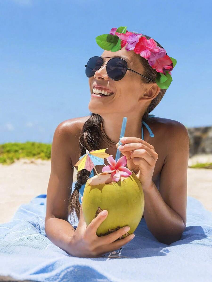 6pcs-Hawaiian Wreaths, Headband Tropical Luau Flower Headpiece Tiara, Flower Crown For Women,