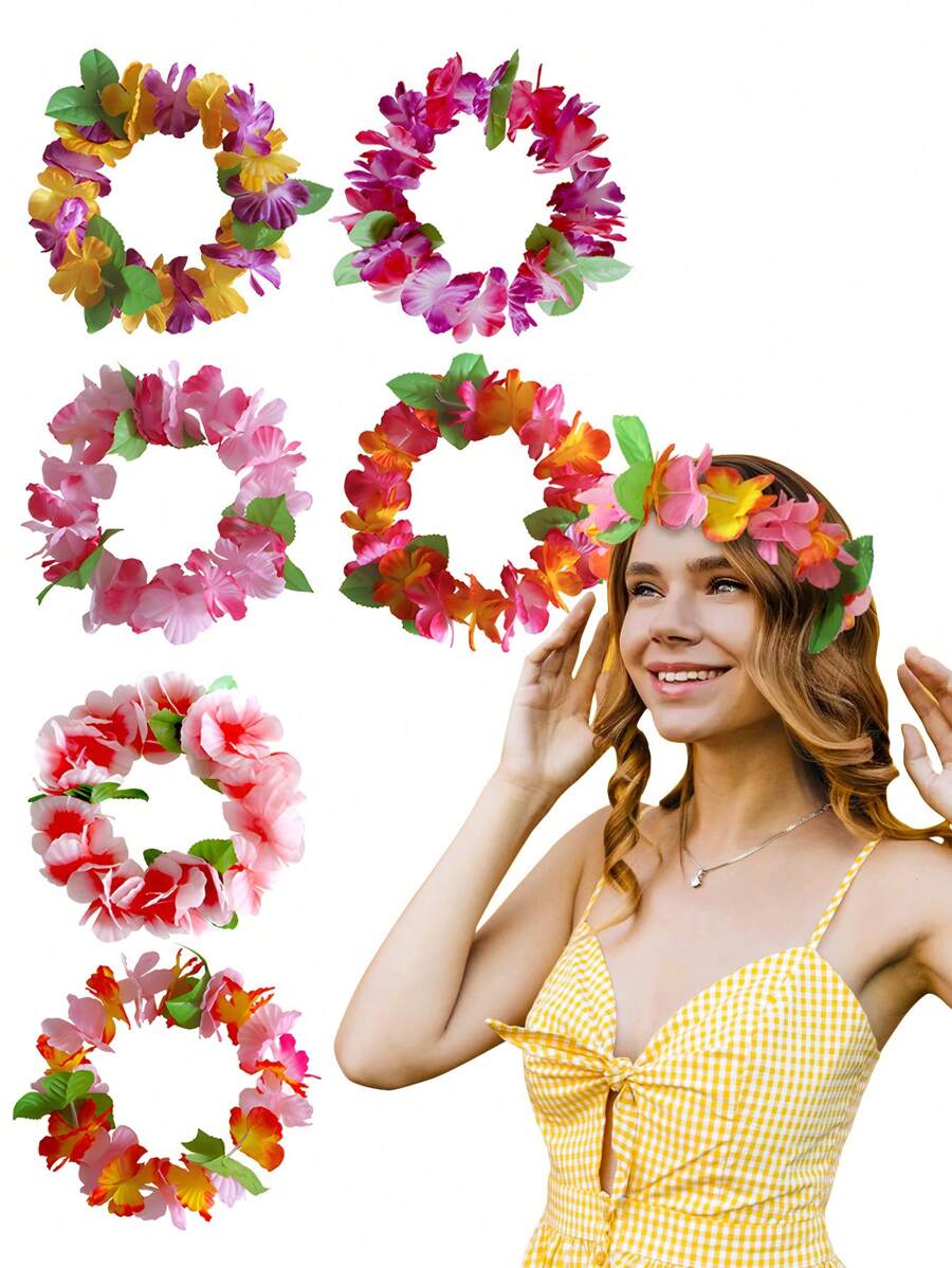 6pcs-Hawaiian Wreaths, Headband Tropical Luau Flower Headpiece Tiara, Flower Crown For Women,