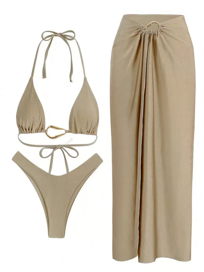 طقم مايوه نسائي 3 قطع بلون سادة – تصميم أوروبي  عصري لإطلالة صيفية جذابة