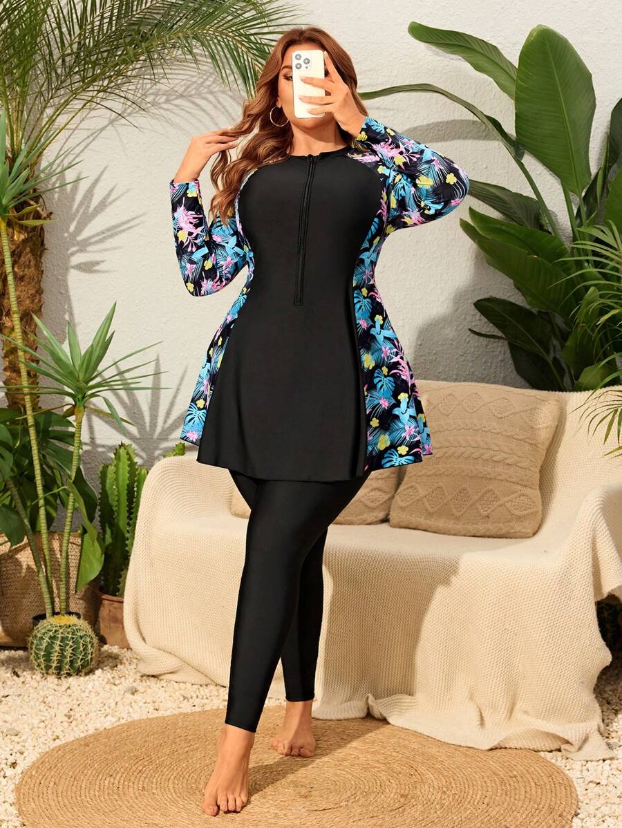 طقم مايوه نسائي مقاس كبير من قطعتين – بطبعة زهور استوائية، تصميم بكم طويل وسروال