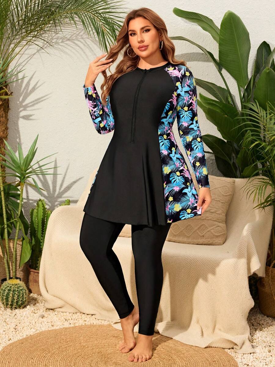 طقم مايوه نسائي مقاس كبير من قطعتين – بطبعة زهور استوائية، تصميم بكم طويل وسروال