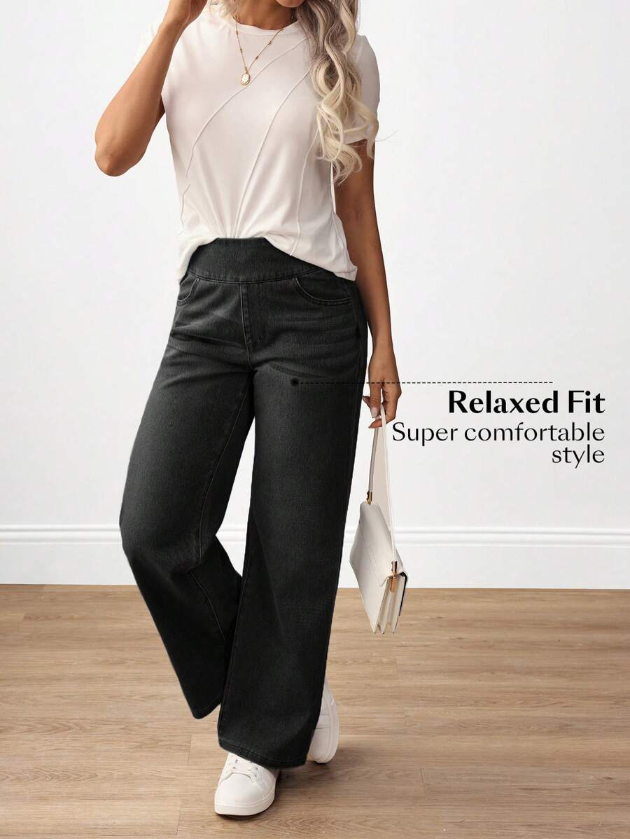 بنطلون جينز Flexra نسائي بخصر مرتفع وجيوب محبوكة واسعة الساق فضفاضة