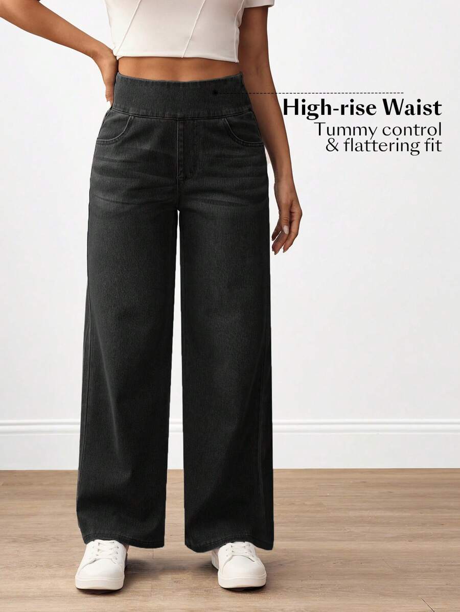 بنطلون جينز Flexra نسائي بخصر مرتفع وجيوب محبوكة واسعة الساق فضفاضة