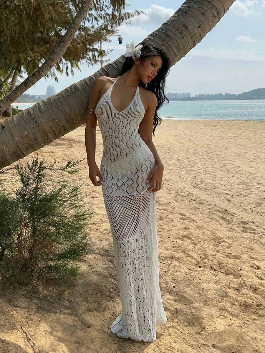 فستان Aloruh النسائي الطويل المصنوع من الكروشيه والمجوف بدون ظهر وذو ذيل سمكة ضيق باللون الأبيض، ربيع/صيف