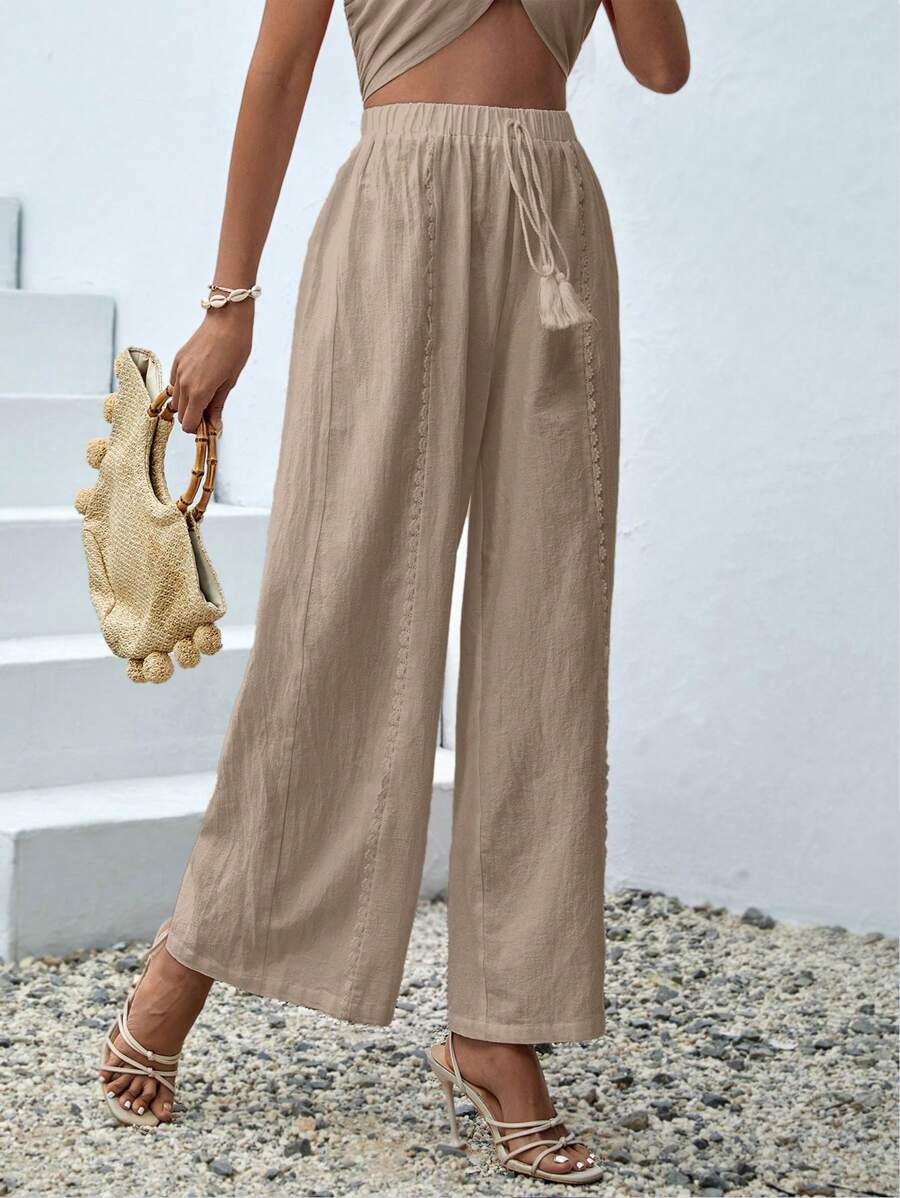 بنطلون نسائي طويل فضفاض بطبعات زهور صيفية من SHEIN VCAY بساق واسعة