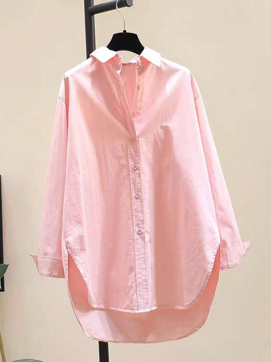 قميص نسائي فضفاض بأكمام طويلة وياقة دائرية بسيطة Shein