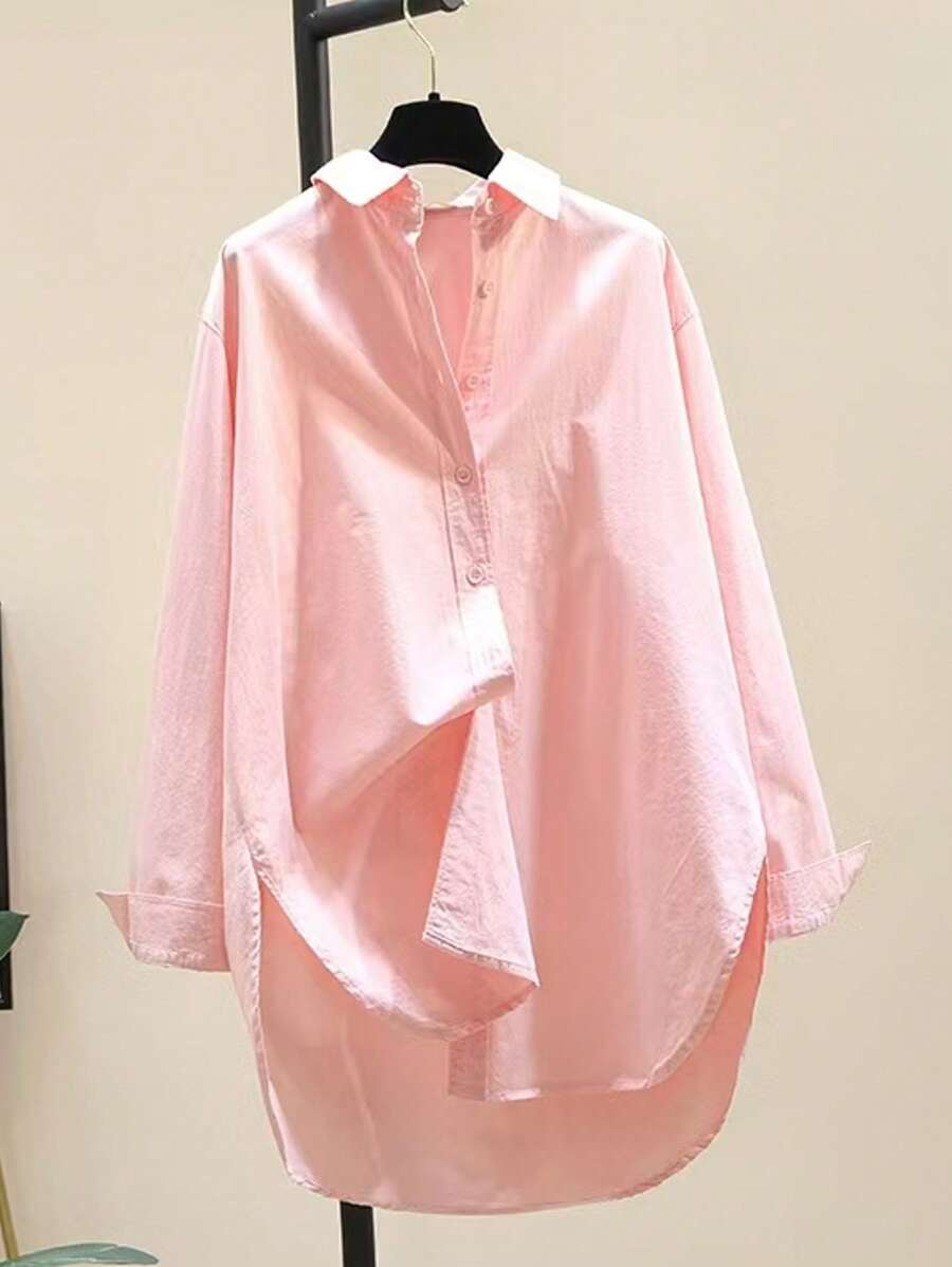 قميص نسائي فضفاض بأكمام طويلة وياقة دائرية بسيطة Shein